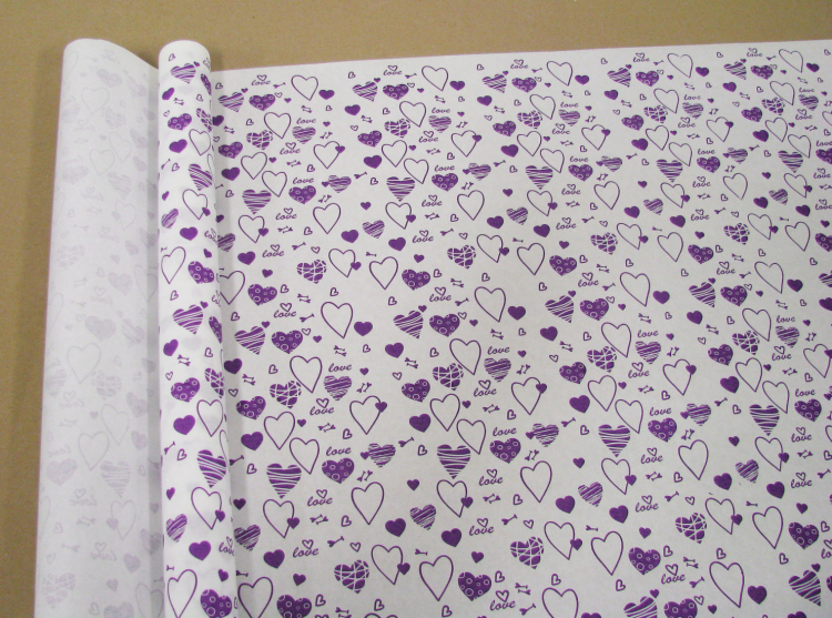 УДАЛЕНО Крафт-бумага "Сердечки" рисунок фиолетовый на белом / рулон