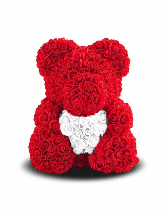 Мишка из роз с сердцем, Красный (в коробке)